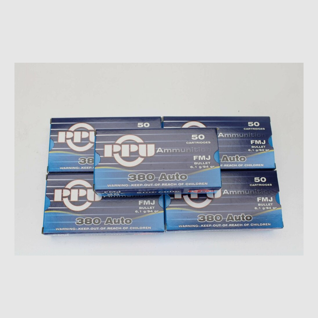 250 shots PPU .380 Auto 9mm short with 6.1 grams 94grs. FMJ 5x50 pack