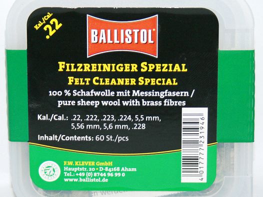 60 x BALLISTOL Reinigungsfilze/Filzreiniger SPEZIAL Cal.22 | Schafwolle mit Messingfasern! 5,6mm 223