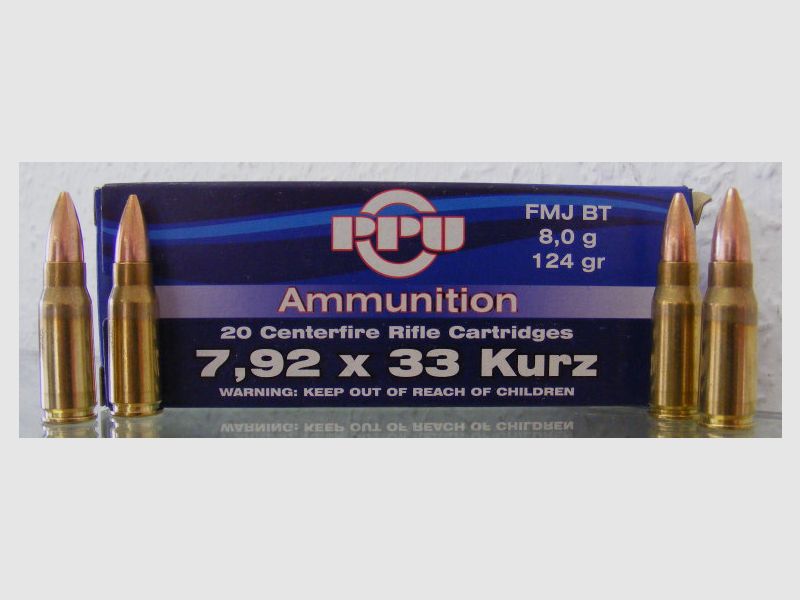 7,92x33 KURZ FMJ, 8,0g 124gr A- 424 PPU 500 Stk.