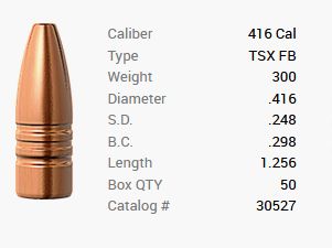 Barnes Geschoss .416/.416 300GR TSX HP FB 50 Stück