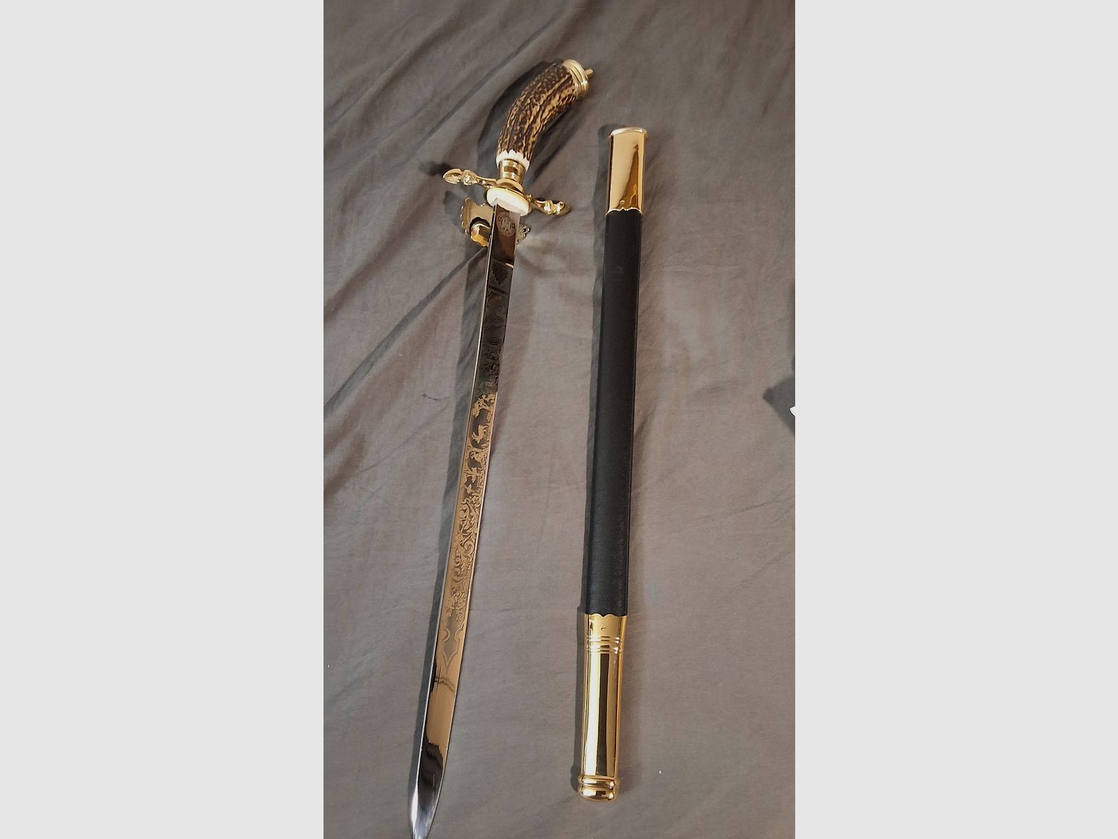 NEU -  1 Hirschfänger  -  50 cm -  24 k - Hirschhorn, immagine 3 di 6