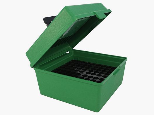 MTM Deluxe scatola per cartucce R-100-MAG-10 verde con coperchio a ribalta e maniglia per 100 cartucce 7mm WSM - .470 Capstick