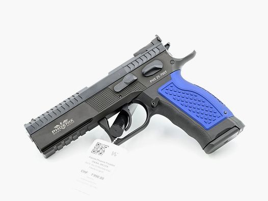 Pistole Phoenix Predator, Schwarz, 9×19, DA/SA, OR LPA, Alu Griff blau, Fiberkorn grün