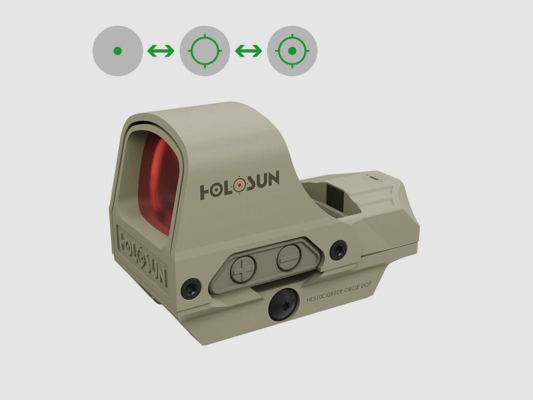 Holosun Mirino Reflex HE510C-GR-FDE con reticolo verde: Punto 2MOA, Circledot 65MOA e Cerchio 65MOA, immagine 1 di 8