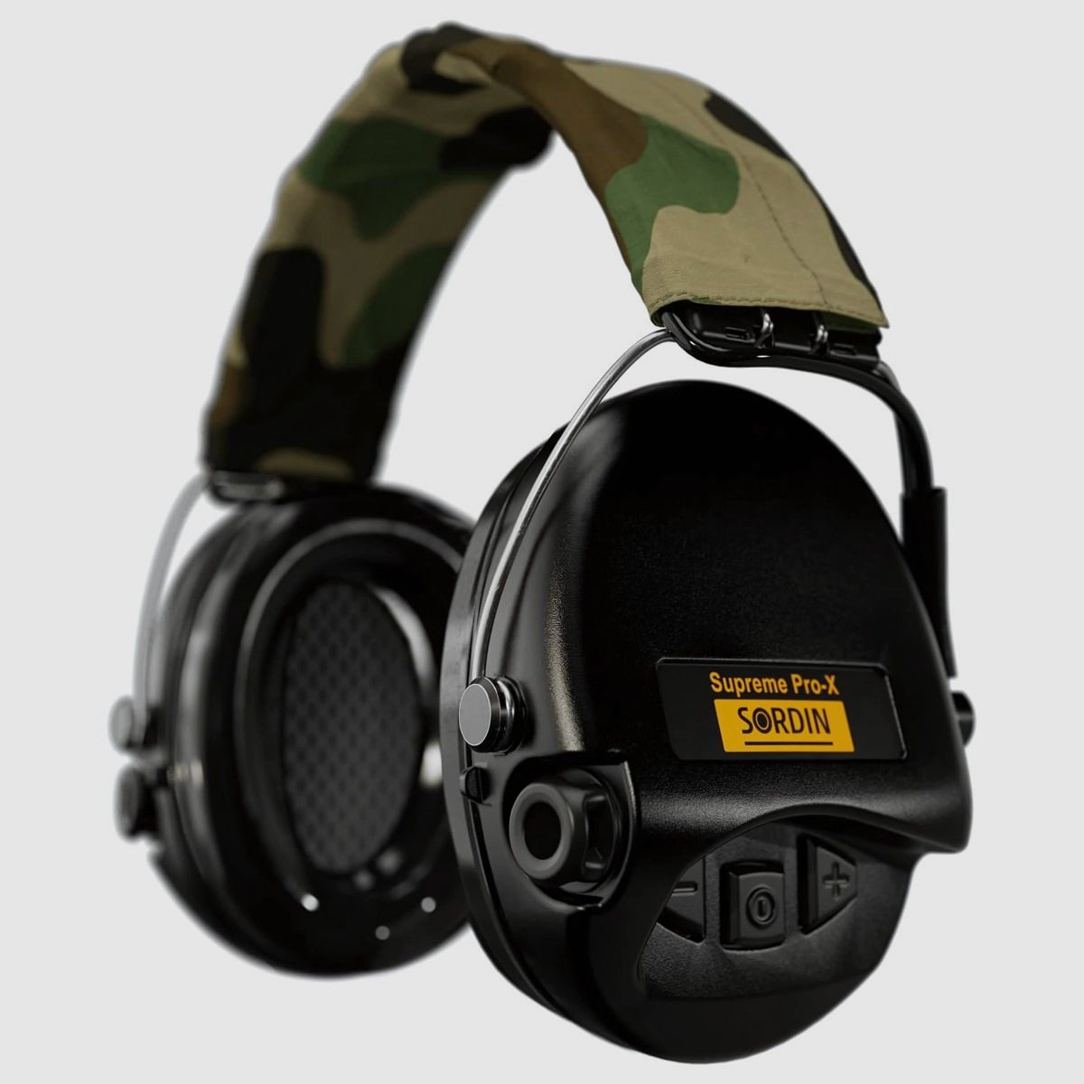 Sordin – Protección auditiva activa Supreme Pro-X – Diadema de tela Camo, almohadillas de gel, negro – 75302-X/CT-02-G-S, imagen 1 de 4