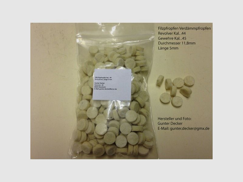200 Filzpfropfen Verdämmpfropfen Dicke 11,8mm, Länge 5mm, Revolver Kal. .44, Gewehre Kal. .45