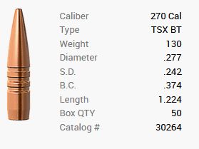 Barnes bullet .270/.277 130GR TSX BT 50 pieces