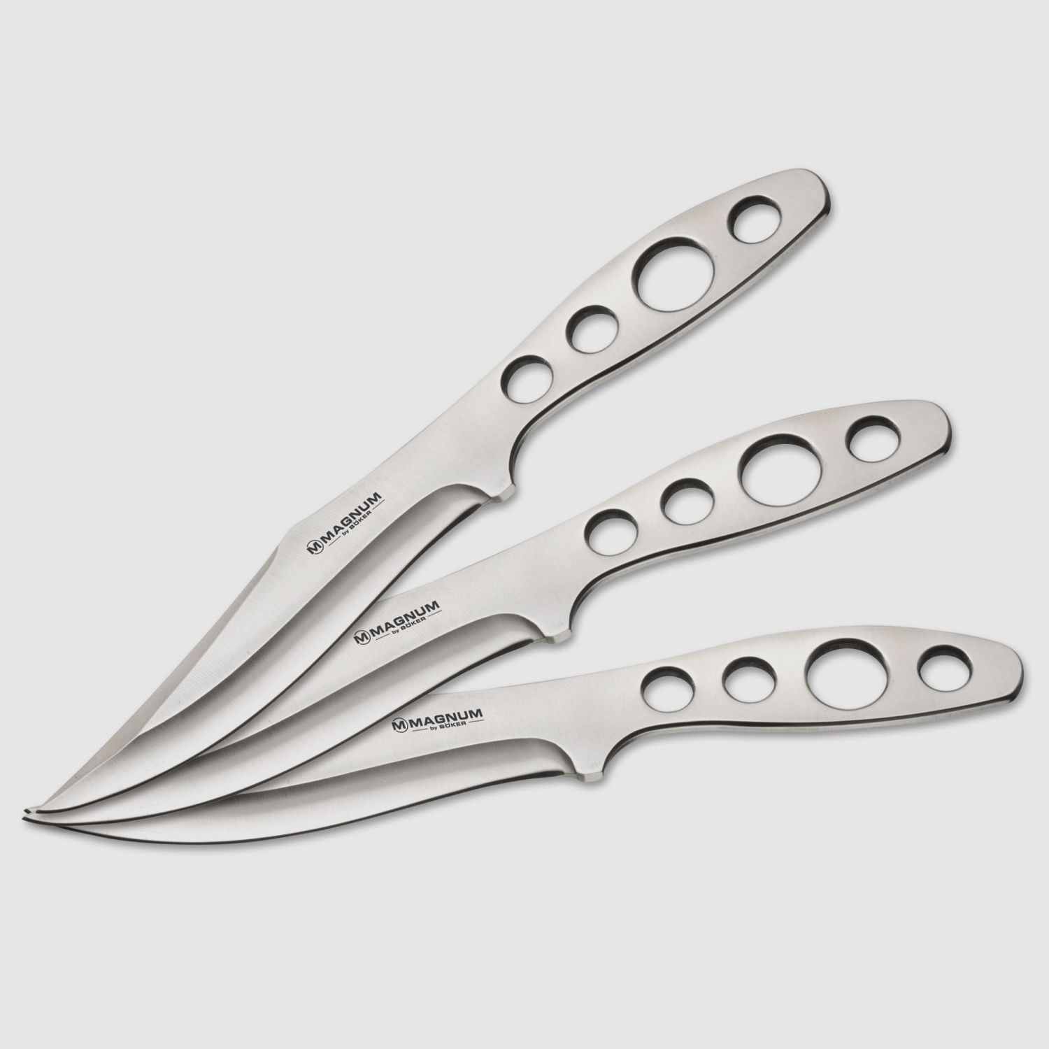 3 schwere Wurfmesser à 172g MAGNUM FLYING BOWIE in Lederscheide asymmetrisch