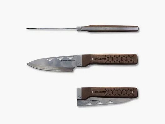 nCamp Elite Cuchillo de Chef (Hoja de Damasco/Mango de Nogal) con Funda de Cuero