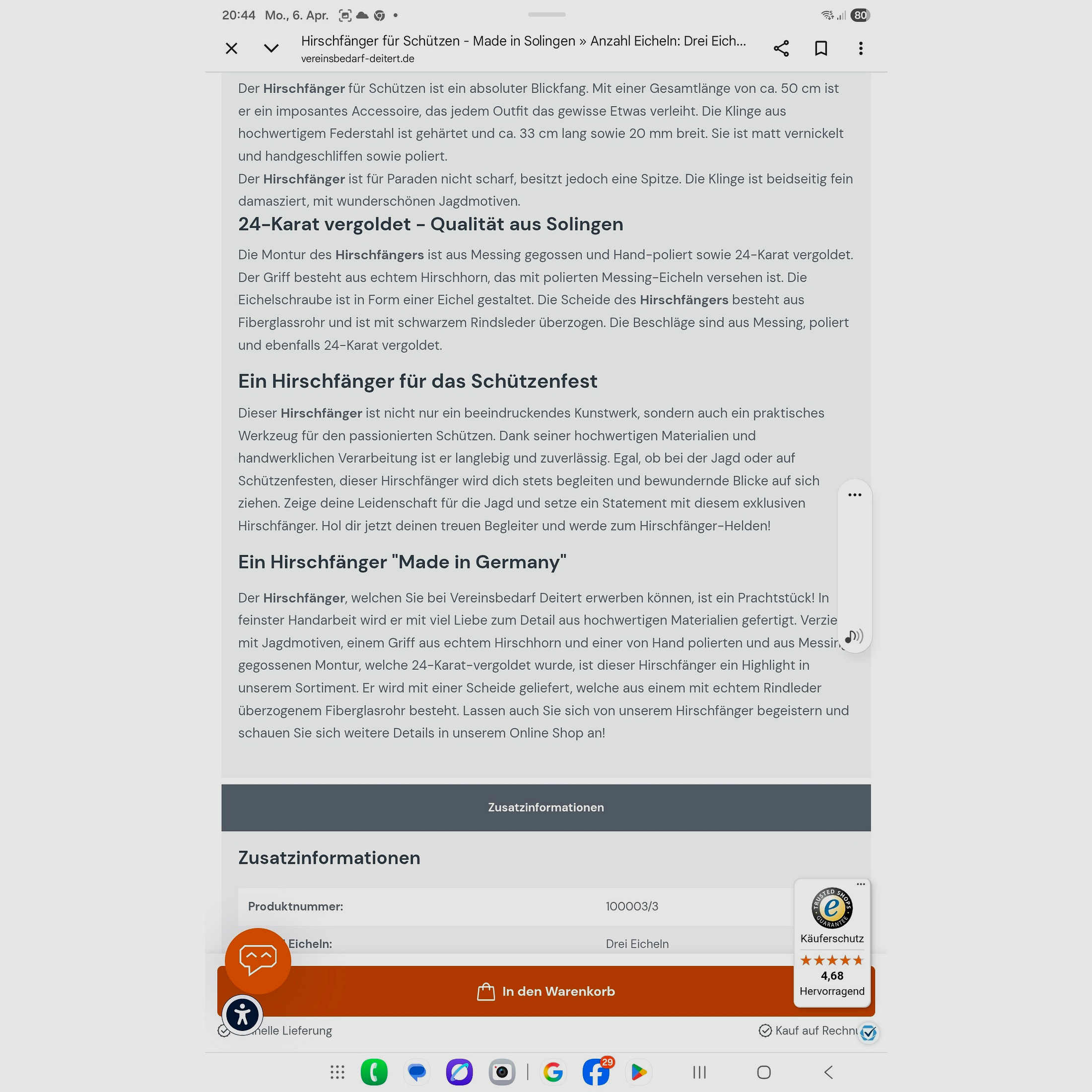 NEU  Hirschfänger - 24 k - Hertenhoorn