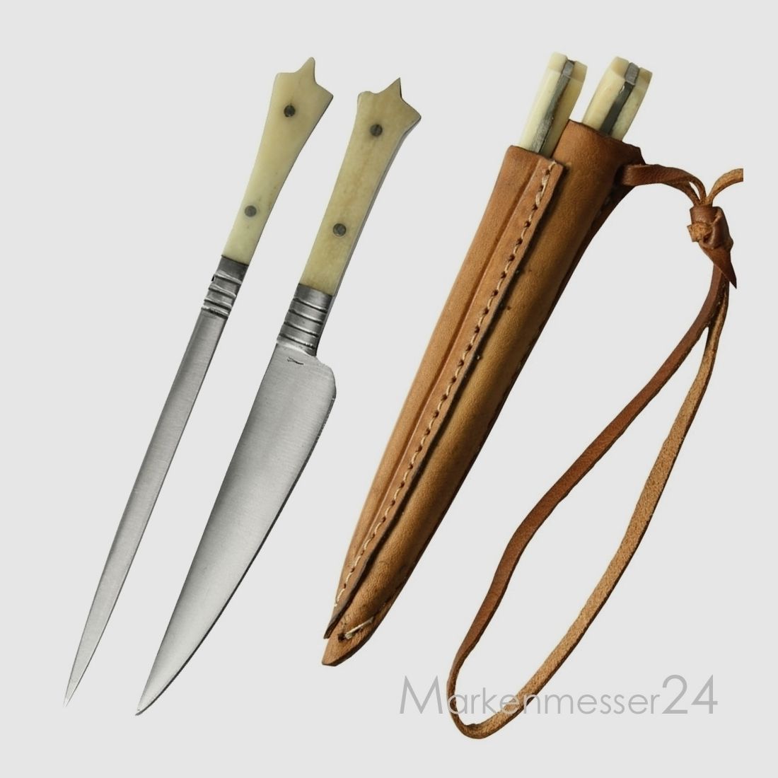 Mittelater Essbesteck Set Messer Pfriem Lederscheide Knochen Spie klein