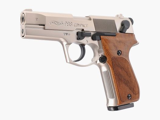 Walther P88 pistola de fogueo 9 mm P.A.K., acabado en níquel, con empuñaduras de madera