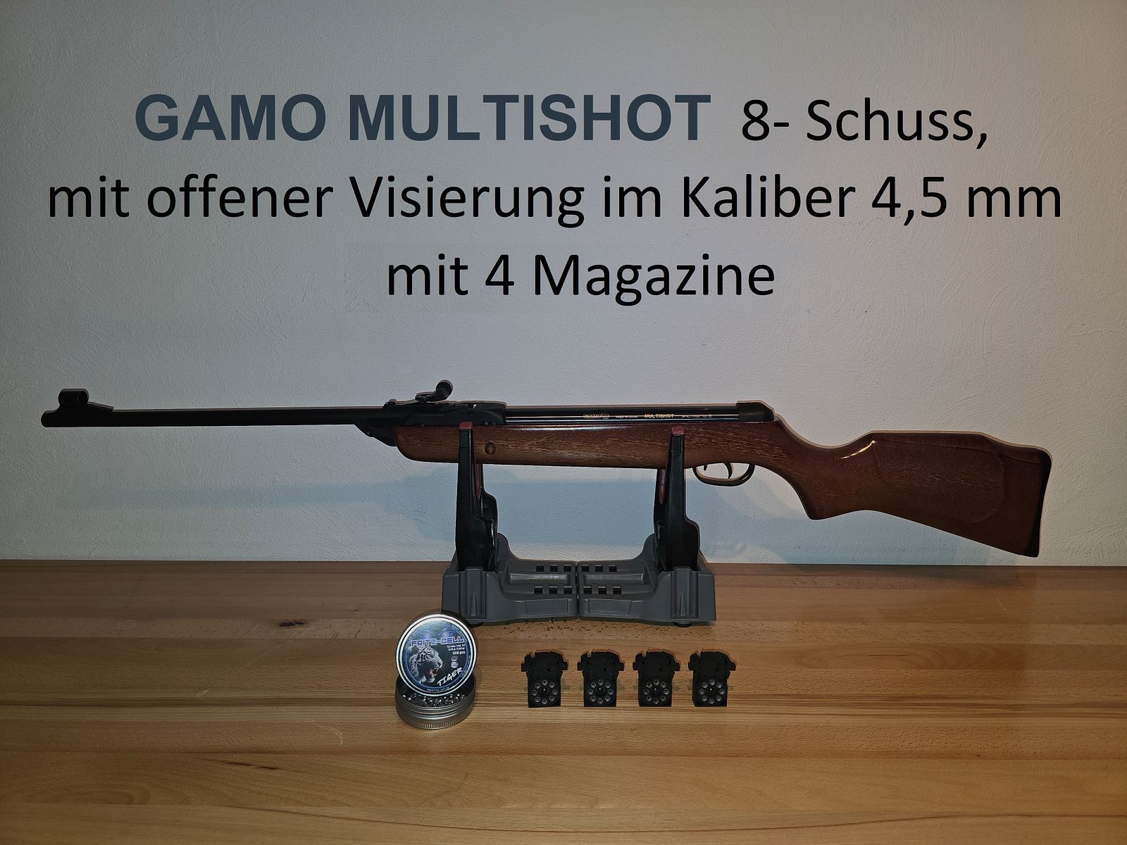 Carabina de aire comprimido GAMO MULTISHOT  8 disparos, con mira abierta en calibre 4,5 mm con 4 cargadores