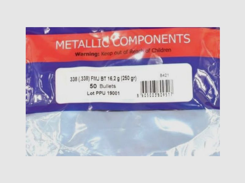 PPU Bullets .338/8.5mm FMJ BT in 250 Grain / 16.2 Grams - 50 pcs #B-421 - Privi Partizan