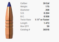 Barnes bullet .30/.308 175GR Long-Range X Hunting BT 50 pieces