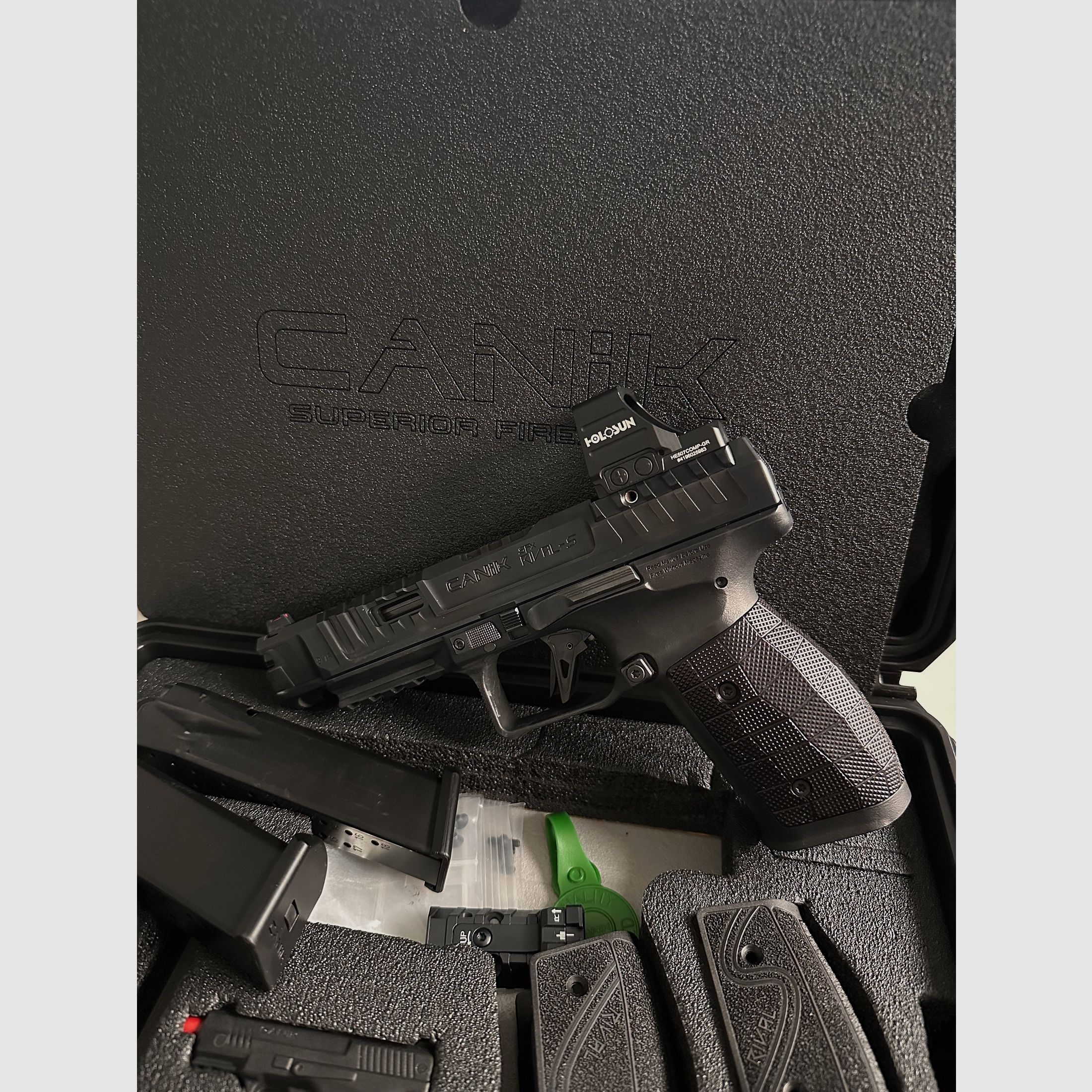 Canik SFx Rival-S with LOK aluminum grip panels, 5 magazines, Wolff springs, original packaging/accessories