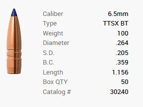 Barnes bullet 6.5mm/.264 100GR Tipped TSX BT 50 pieces