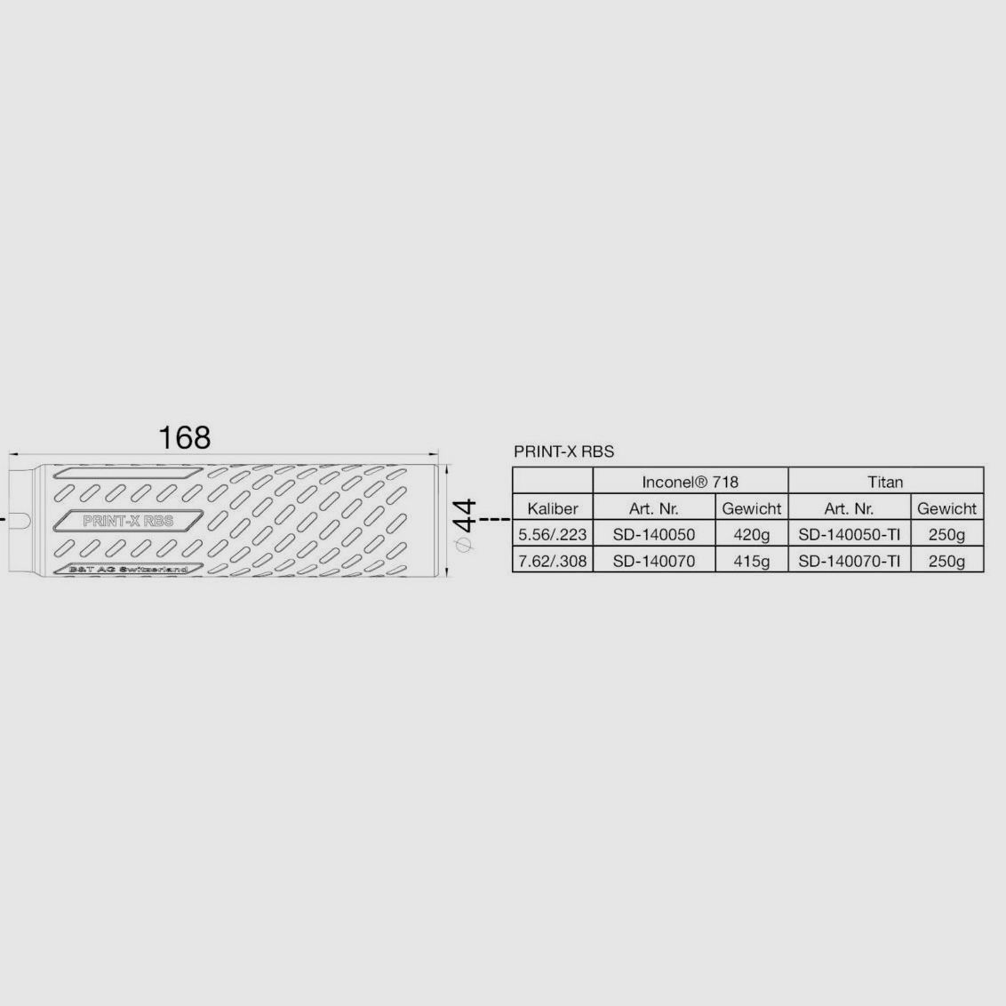 Schalldämpfer B&T AG RBS rifle suppressor PRINT-X .308 - cal. < 7.7mm - with HUB interface 1.375"-24 (NO adapter included) - made of Titan, 3D printed