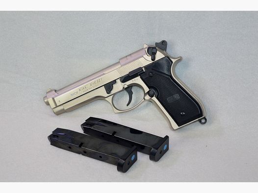 Top-Pakket! Reck Miami Mod. 92 F verchroomd, Cal. 9 mm P.A.K. + takt. Holster + 2. Magazin