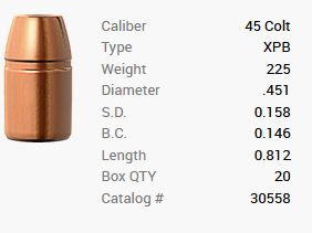Balas Barnes .45 Colt/.451 225GR XPB Pistol FB 20 piezas