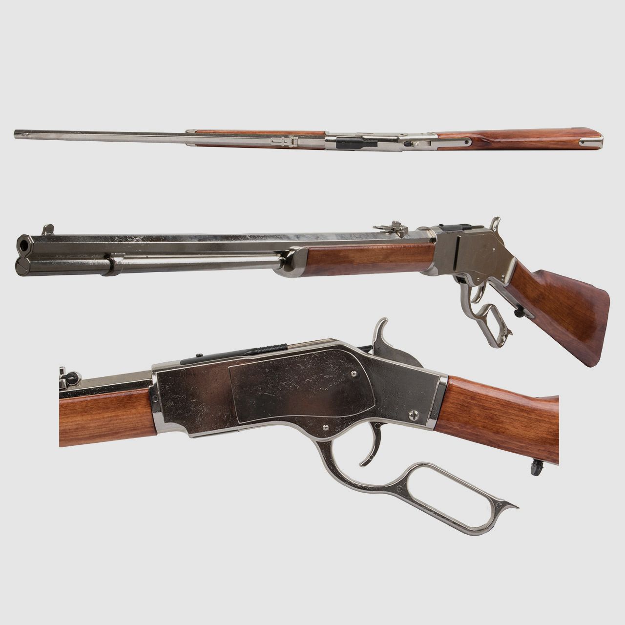 Deko Westerngewehr Denix Winchester Mod. 73 USA 1873 nickel hell realistisches Repetieren mit HĂĽlsenauswurf GesamtlĂ¤nge 110 cm