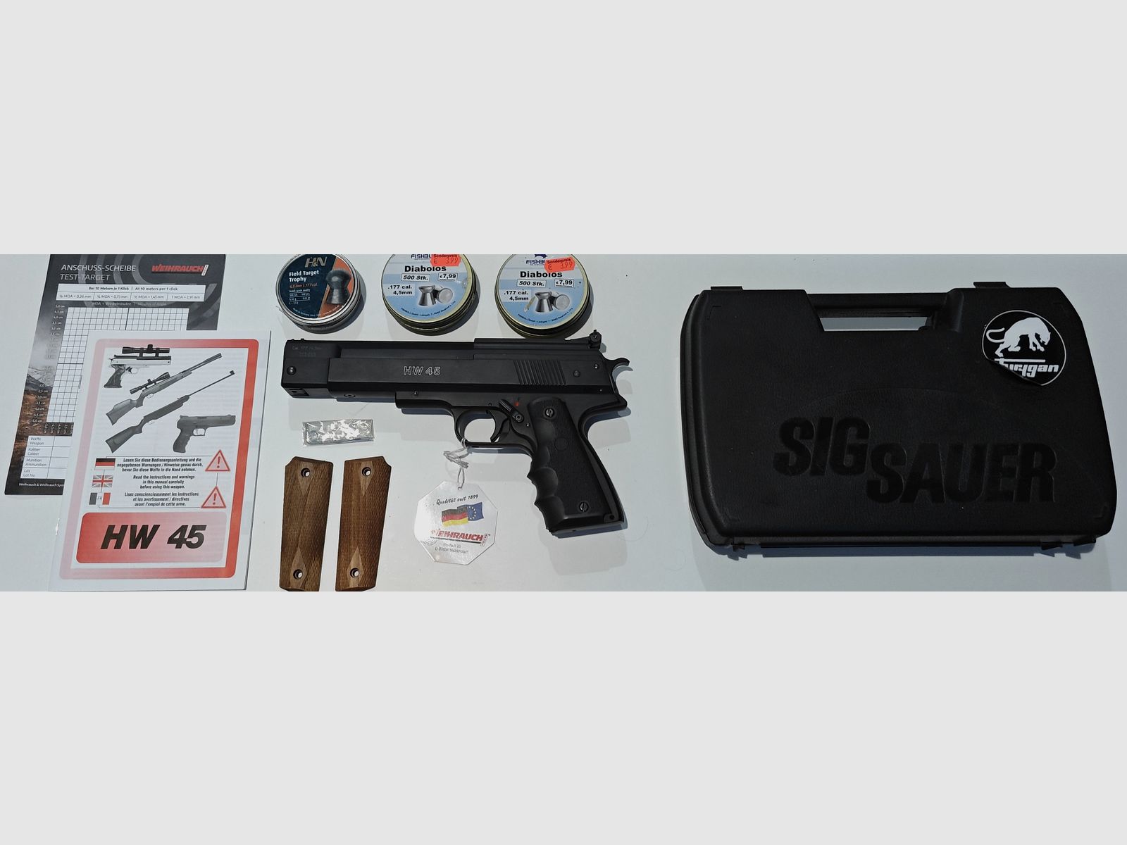 Weihrauch HW 45 pistola de aire calibre 4,5 mm (.177) – marca F – incl. empuñadura Hogue, cachas de madera, maletín y accesorios