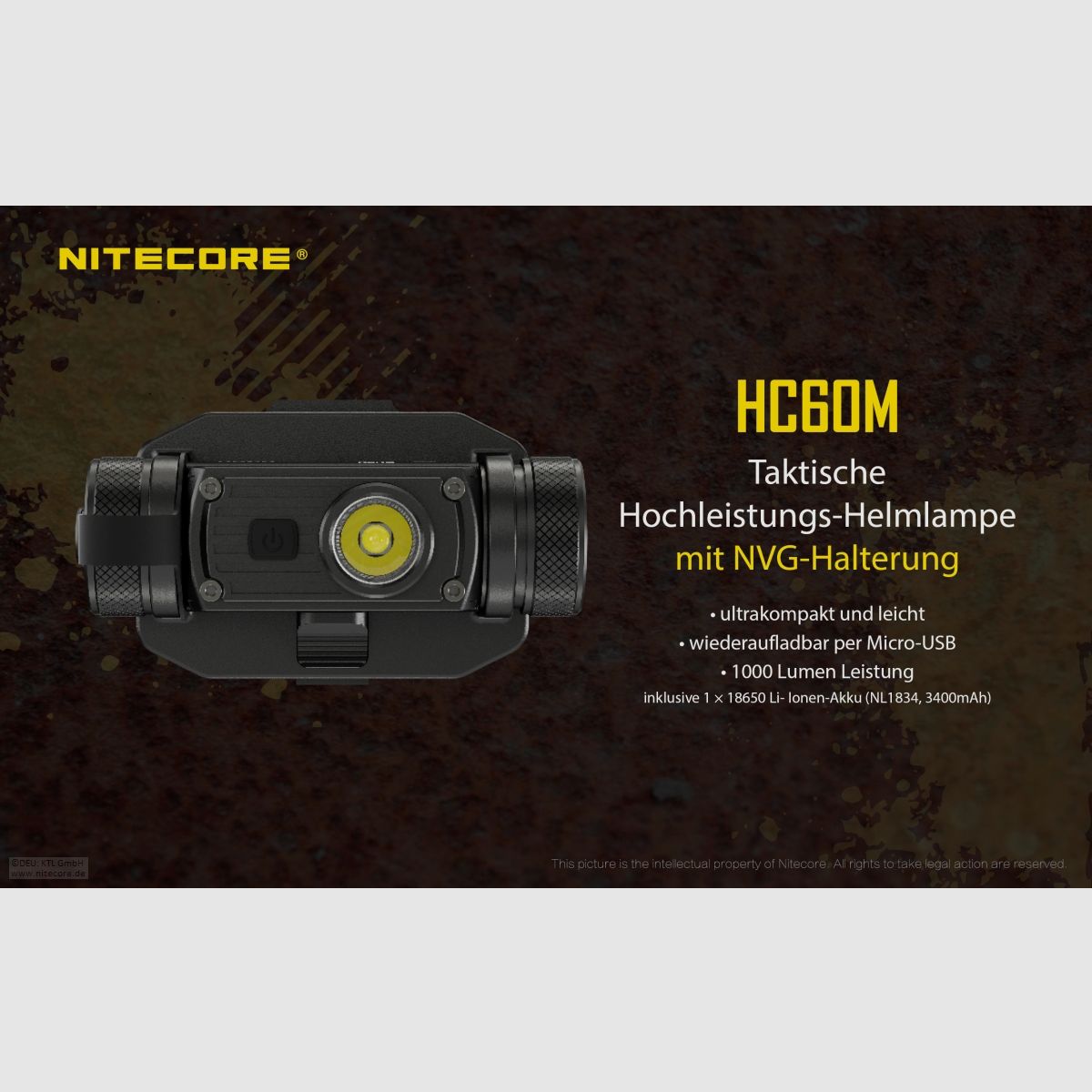 Nitecore HC60M headlamp HC60M 1000 lumens including battery and NVG mount