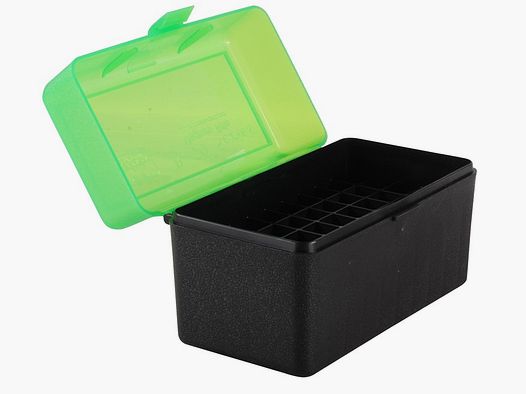 MTM scatola per cartucce RLLD-50-16T verde/nera con coperchio a ribalta per 50 cartucce 7mm Rem. Mag. e altre.
