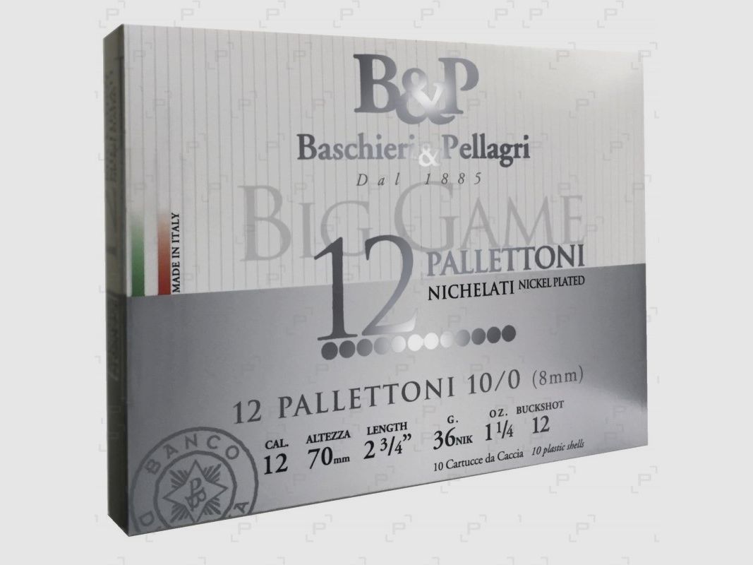 Patronen Chevrotine BASCHIERI & PELLAGRI Kal. 12/70 - BIG GAME 12 Palettoni vernickelt