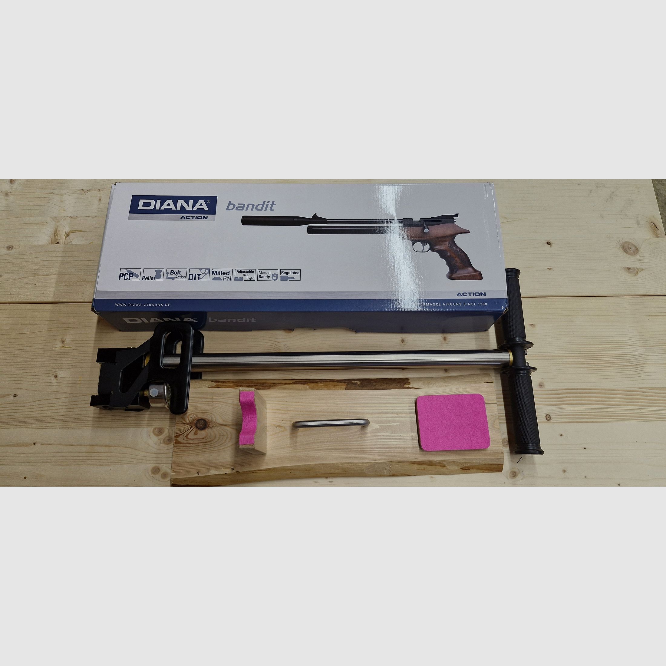 Pistola de aire comprimido Diana Bandit, aire comprimido, cargador, silenciador - con bomba de aire, soporte, diabolo de 4,5 mm, soporte, accesorios