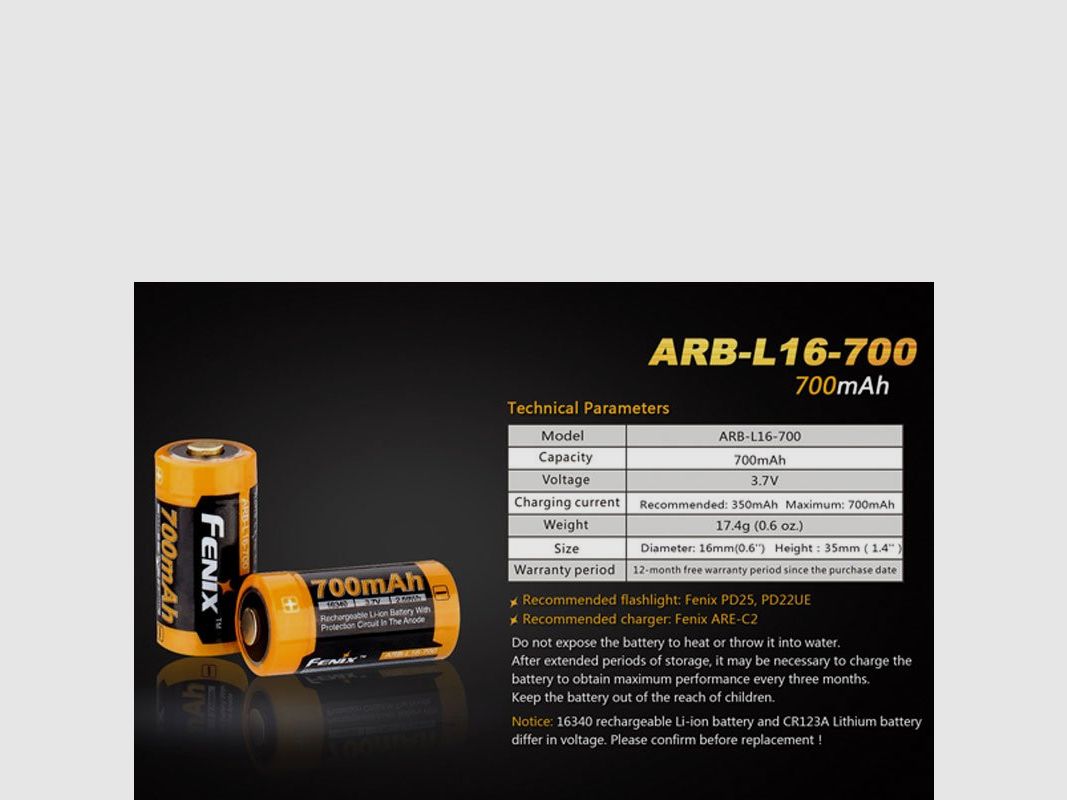BATTERIA CR123 A / 16340 LI-ION 3,7 VOLT 700 MAH FENIX, immagine 2 di 3