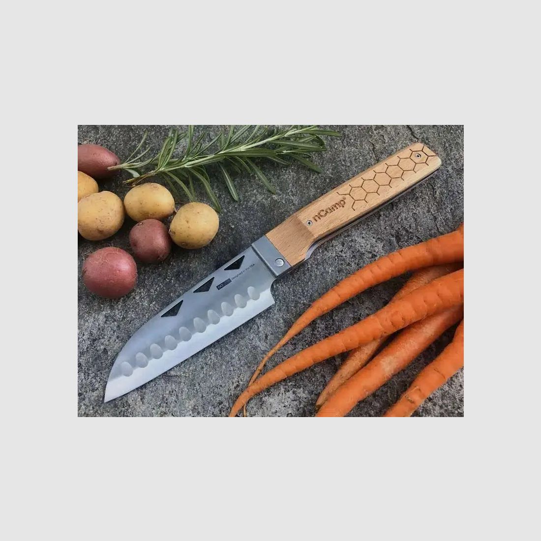 nCamp Premium Santoku Knife for Food Preparation (9cr18Mov Blade/Beech Handle) with Nylon