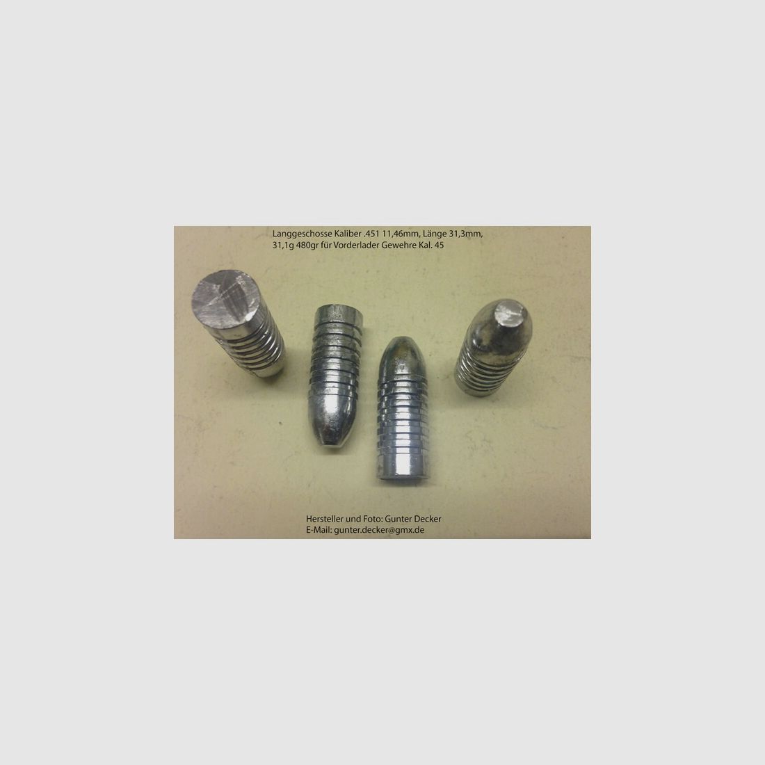 Langgeschosse Kaliber .451 11,46mm Länge 31,3mm 31,1g 480gr 6 Fettrillen für Vorderlader Gewehre .45