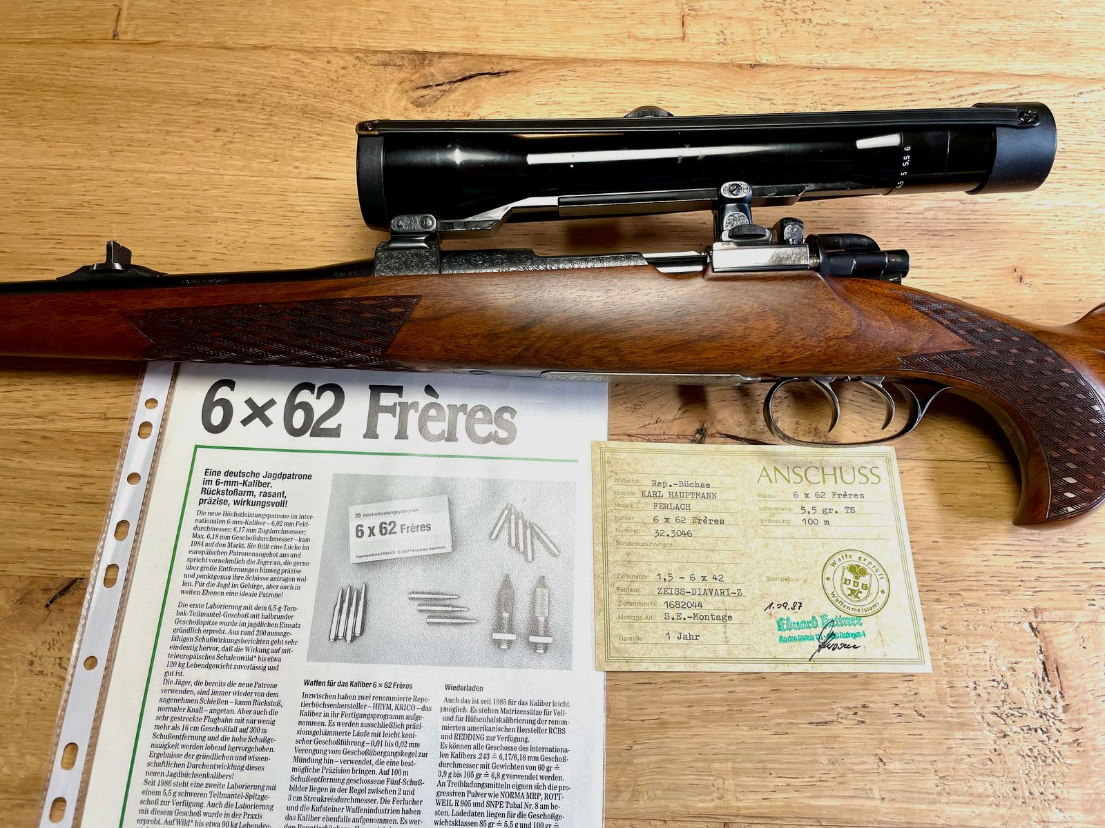 Repetierbüchse Karl Hauptmann Mod. Ferlach Kal. 6x62 Frères mit ZF Zeiss Diavari Z  1,5-6 x42 - neuwertig