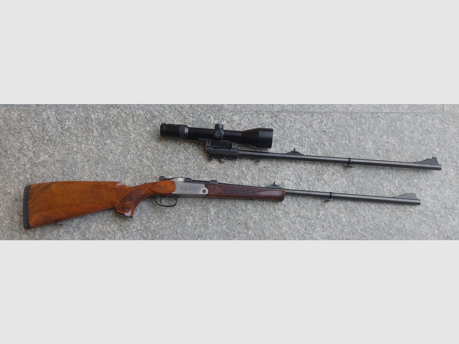 (B.N.) Over-and-under shotgun BLASER K95 cal. 8X68 luxury Yawag with deer antlers and Magna Port 2nd barrel K95 cal. 257 WBY riflescope Zeiss Diavary 2.5-10X50, image 1 of 6