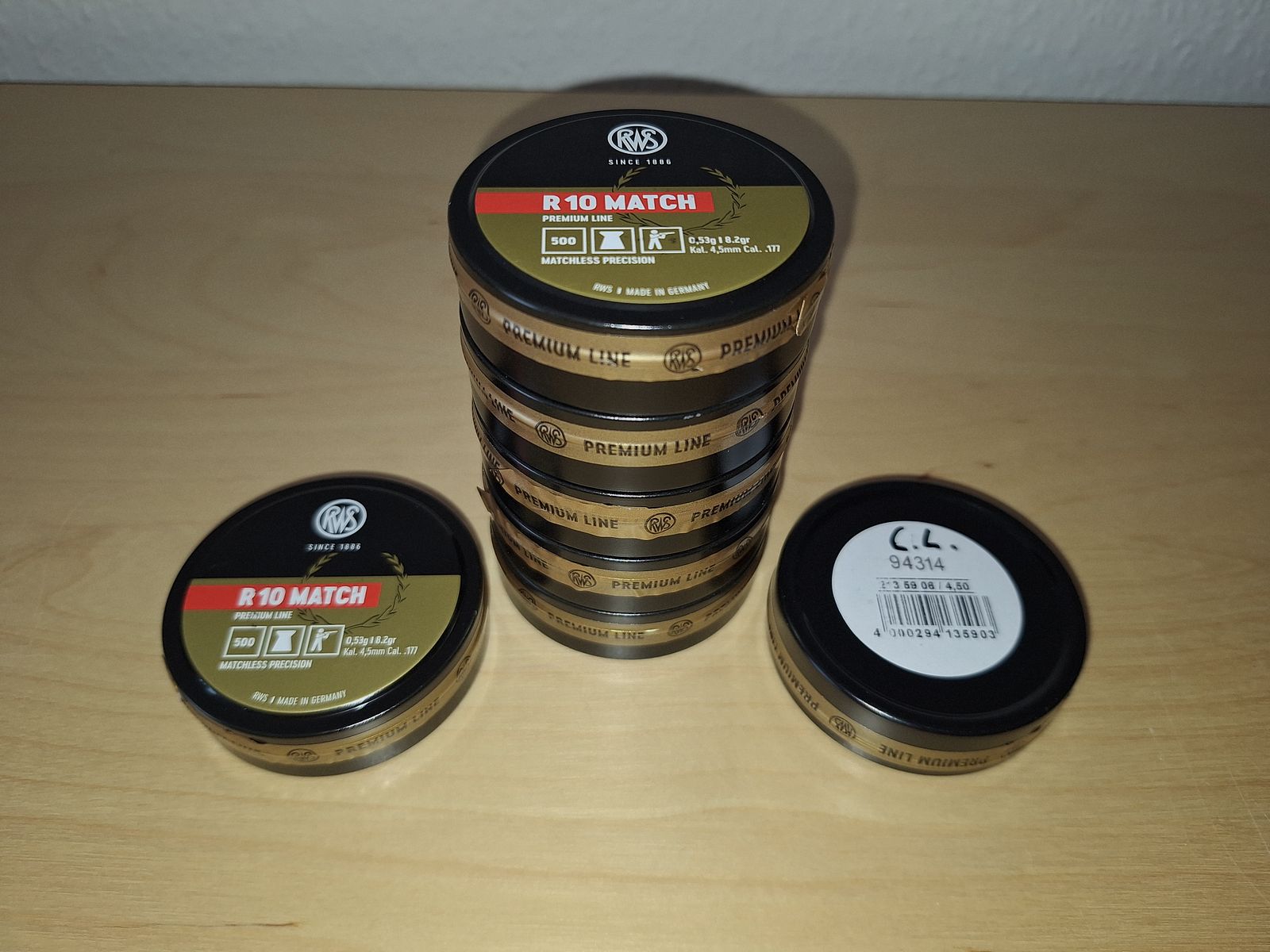 7 Stück Versiegelte Dosen a. 500 Stück RWS R 10 MATCH Premium Line 0,53 g 8,2gr Ø 4,50  Charge Nummer: 94314.