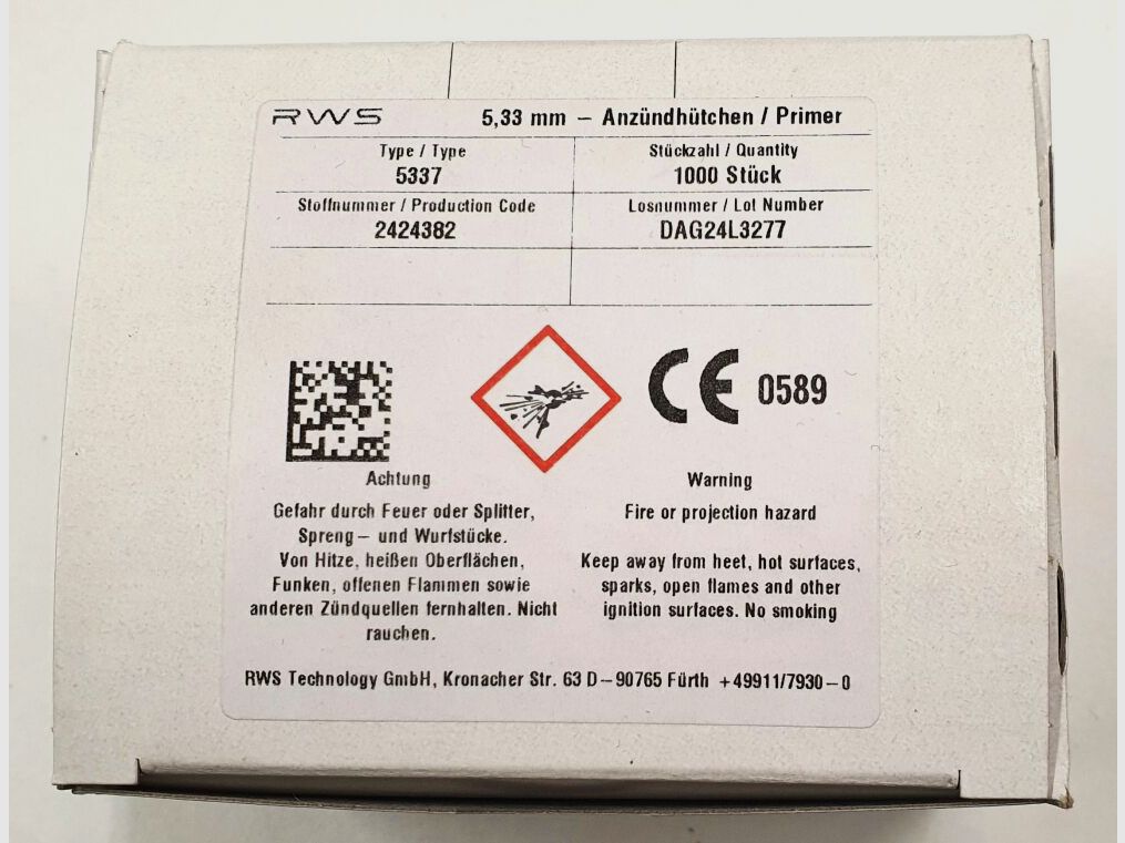 RWS primers RWS 5.33mm type 5337, large pistol