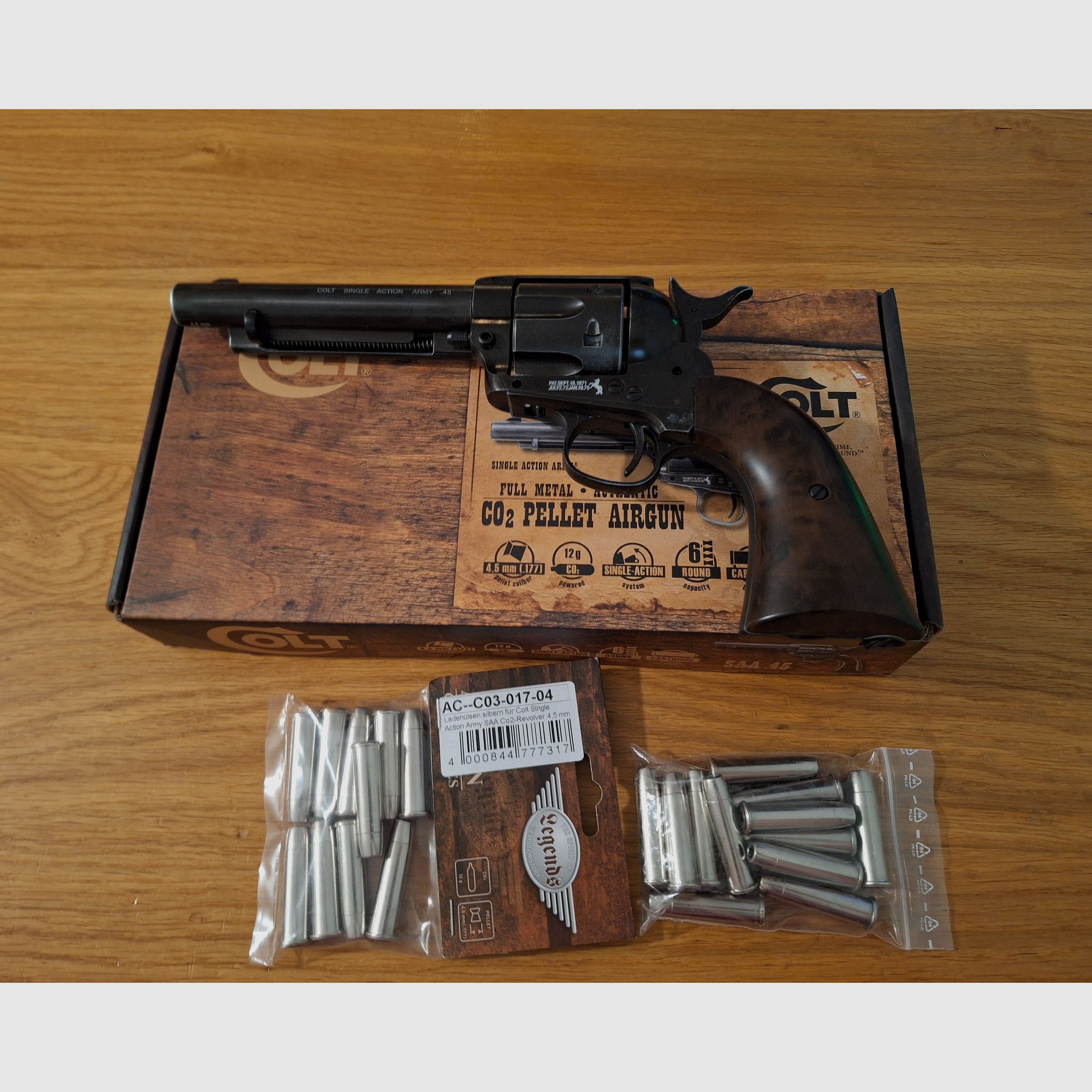Colt Single Action Army (SAA) Co2 4,5 mm Diabolo gezogener Lauf realistisches Nachladen mit 22 Ladehülsen antik finish