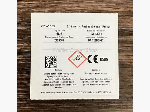 RWS Anzündhütchen für großkalibrige Pistolen- und Revolverpatronen, 5,33 mm, 5337 100 Stück
