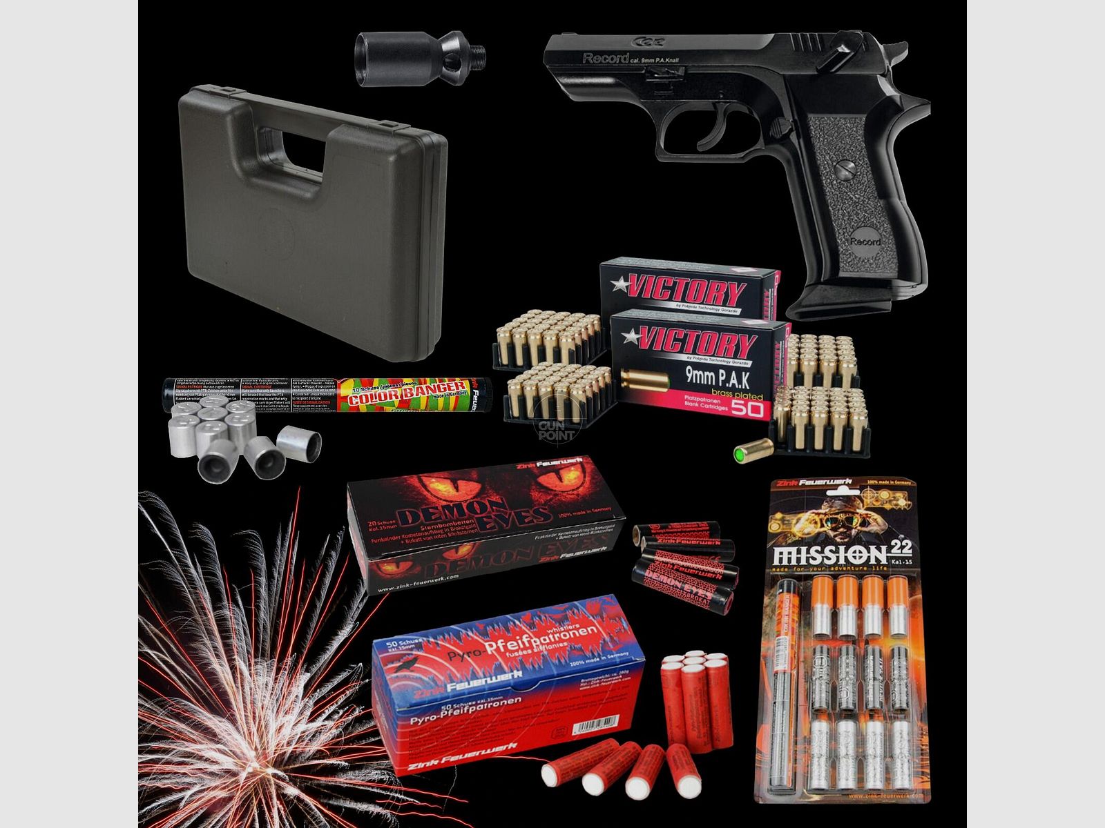 SILVESTER MEGASET !!! Schreckschuss - Pistole - RECORD Modell COP. - 9 mm P.A.K. inkl. Koffer, 100 Platzpatronen & 102 Schuss Effektmunition