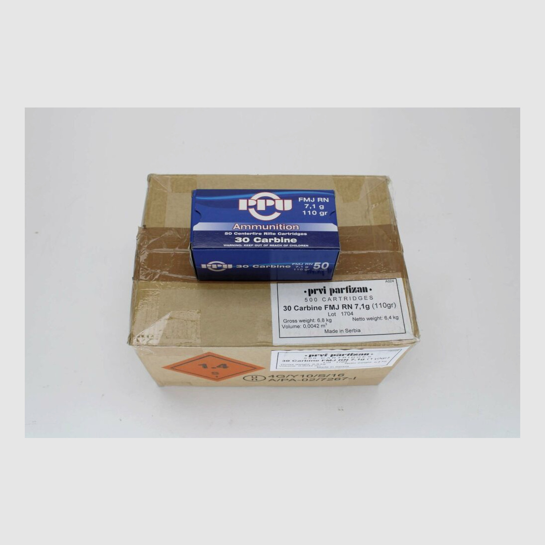 500 rounds PPU .30 Carbine with 7.1 grams 110gr. FMJ RN 10x50 pack