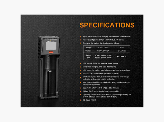 Chargeur Fenix ARE-D1 pour 18650 LiIon Ni-MH