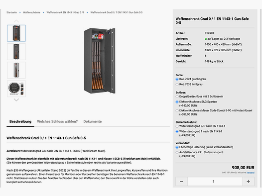 Eisenbach Armario para armas Grado 1 cerradura electrónica EN 1143-1 NUEVO