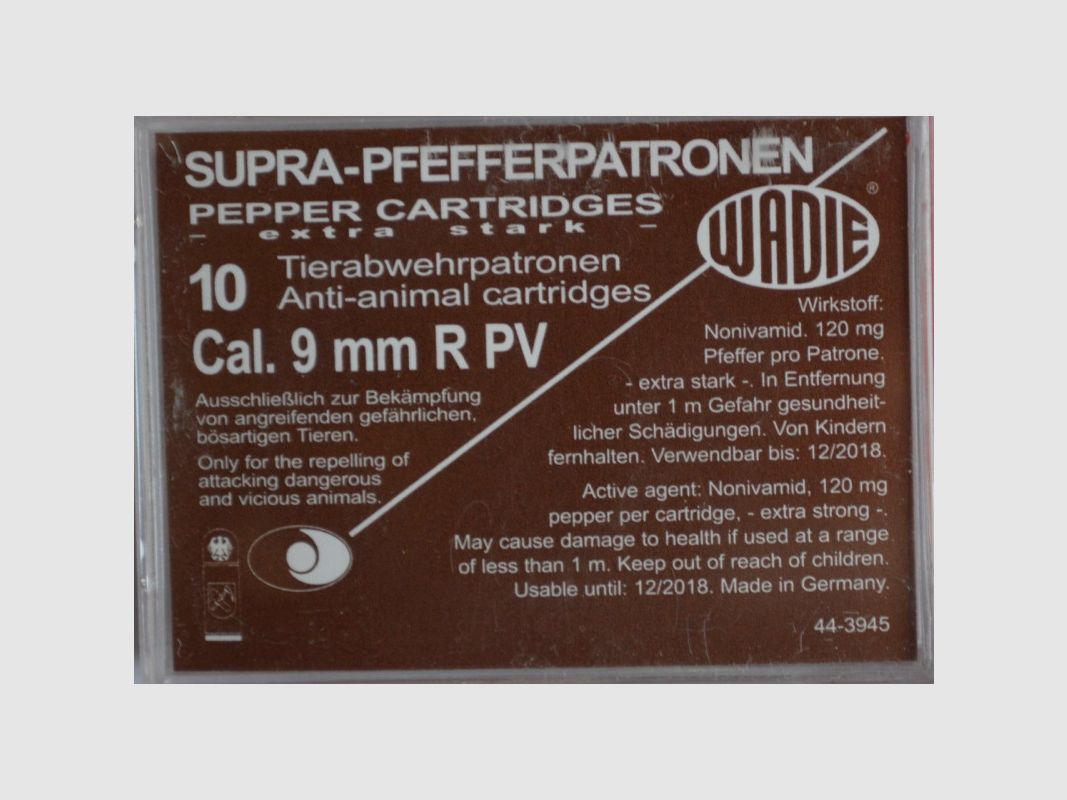 PACKUNG MIT 10 PATRONEN WADIE 9MM/380 PV SUPRA PEPPER GAZ, Bild 1 von 2