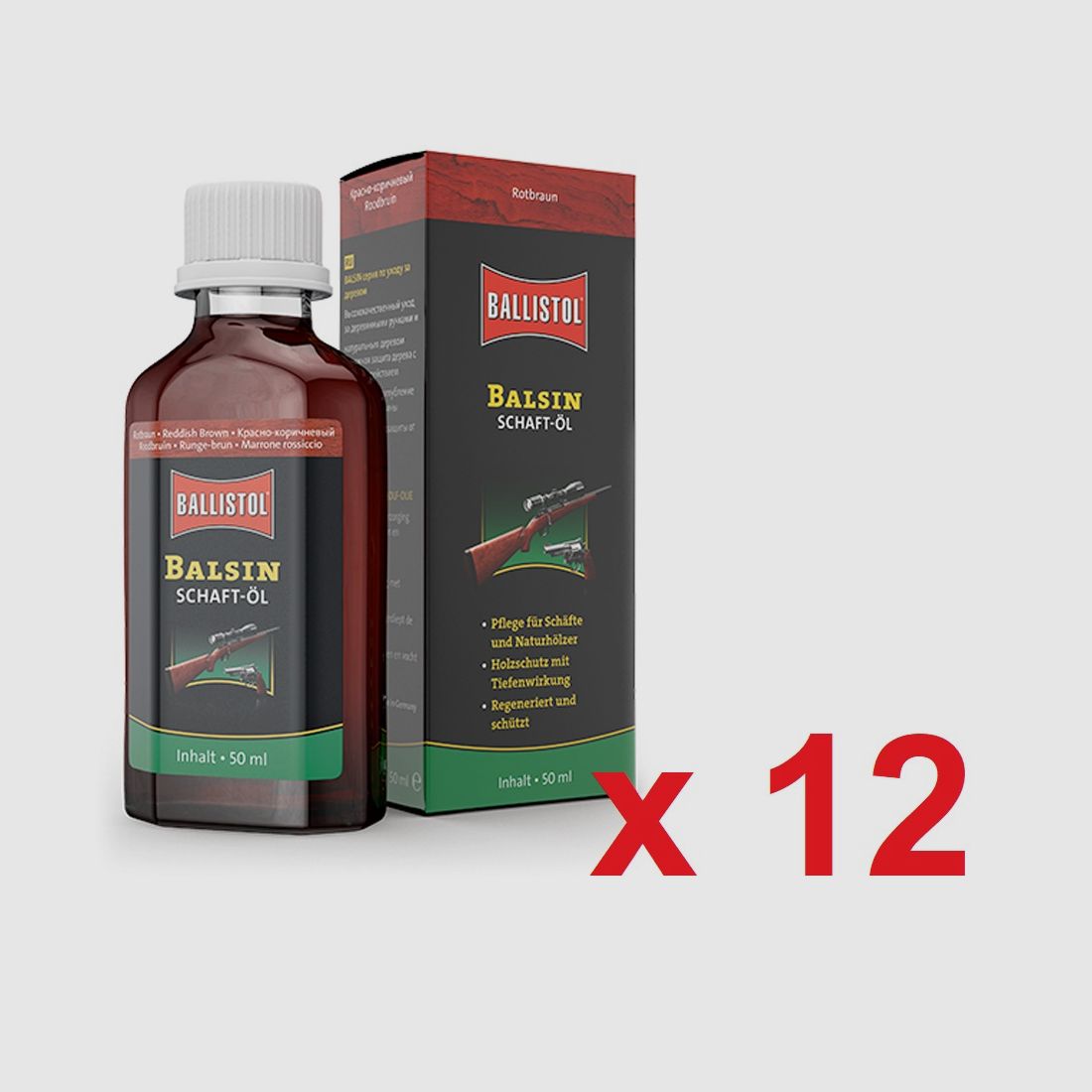 Balsin Schutzöl Rötlich Braun 50 ml von Ballistol in einer Box mit 12 Stück.