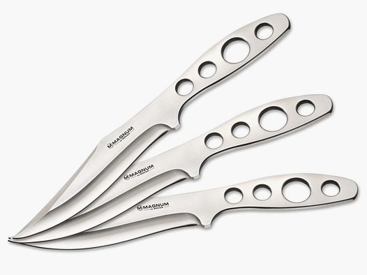 3 schwere Wurfmesser à 172g MAGNUM FLYING BOWIE in Lederscheide asymmetrisch