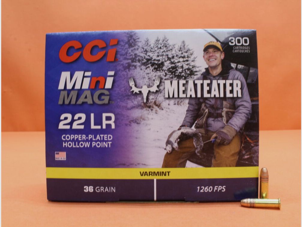 CCI. Cartridges .22lr CCI 36grs HP (00962ME) Mini Mag HS Meat Eater VE 300 cartridges (HV: 1260fps) copper plated/ 2.6g lead hollow point copper plated