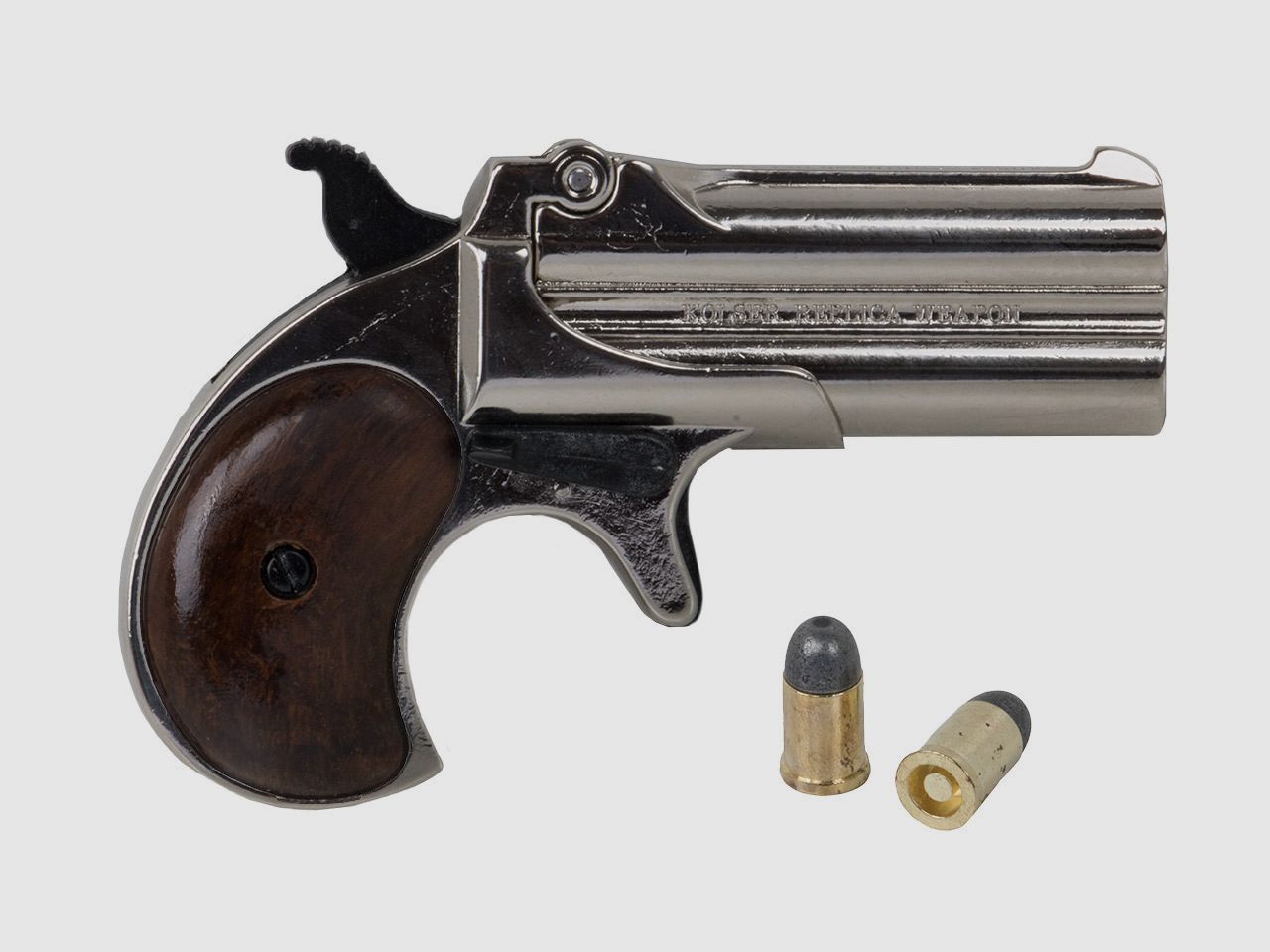 B-Ware Deko Pistole Kolser Derringer 95 USA 1866 Kaliber .41 vernickelt Griffschalen in Holzoptik