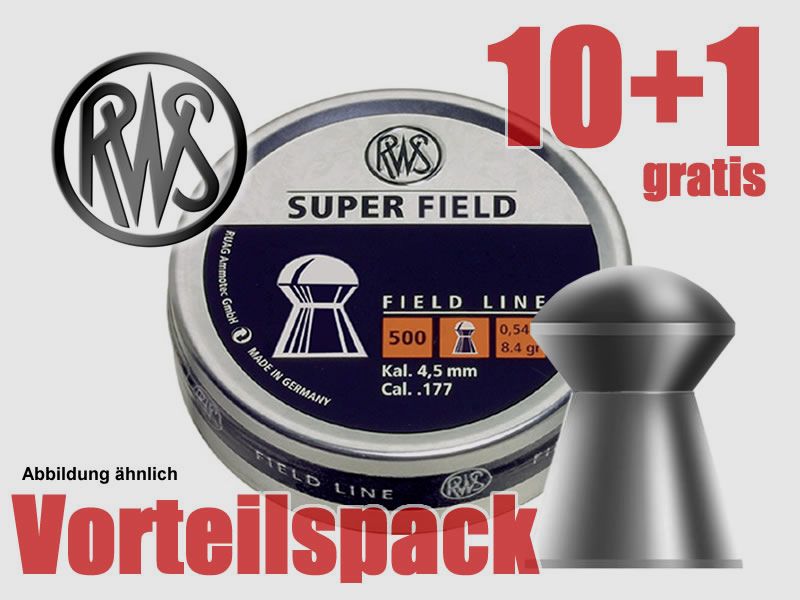 10+1 GRATIS x 500 St. RWS Rundkopf-Diabolo SUPER FIELD, FT, Kal. 4,51 mm, 0,54 g