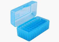 MTM patroonbox RS-S-50-24 blauw helder met flipdeksel voor 50 patronen .22 PPC en anderen.